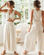 White linen loungewear set front and back views