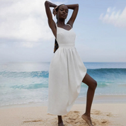 Midi dress white front view with thin straps and beaded belt