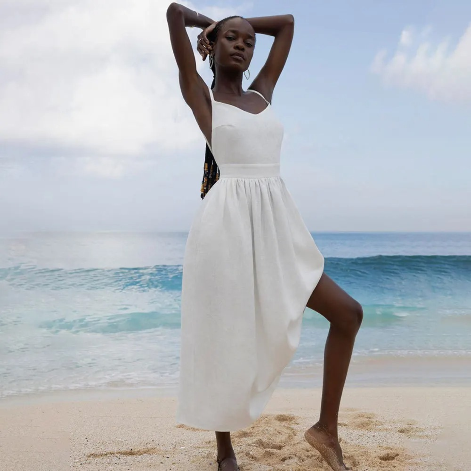 Midi dress white front view with thin straps and beaded belt