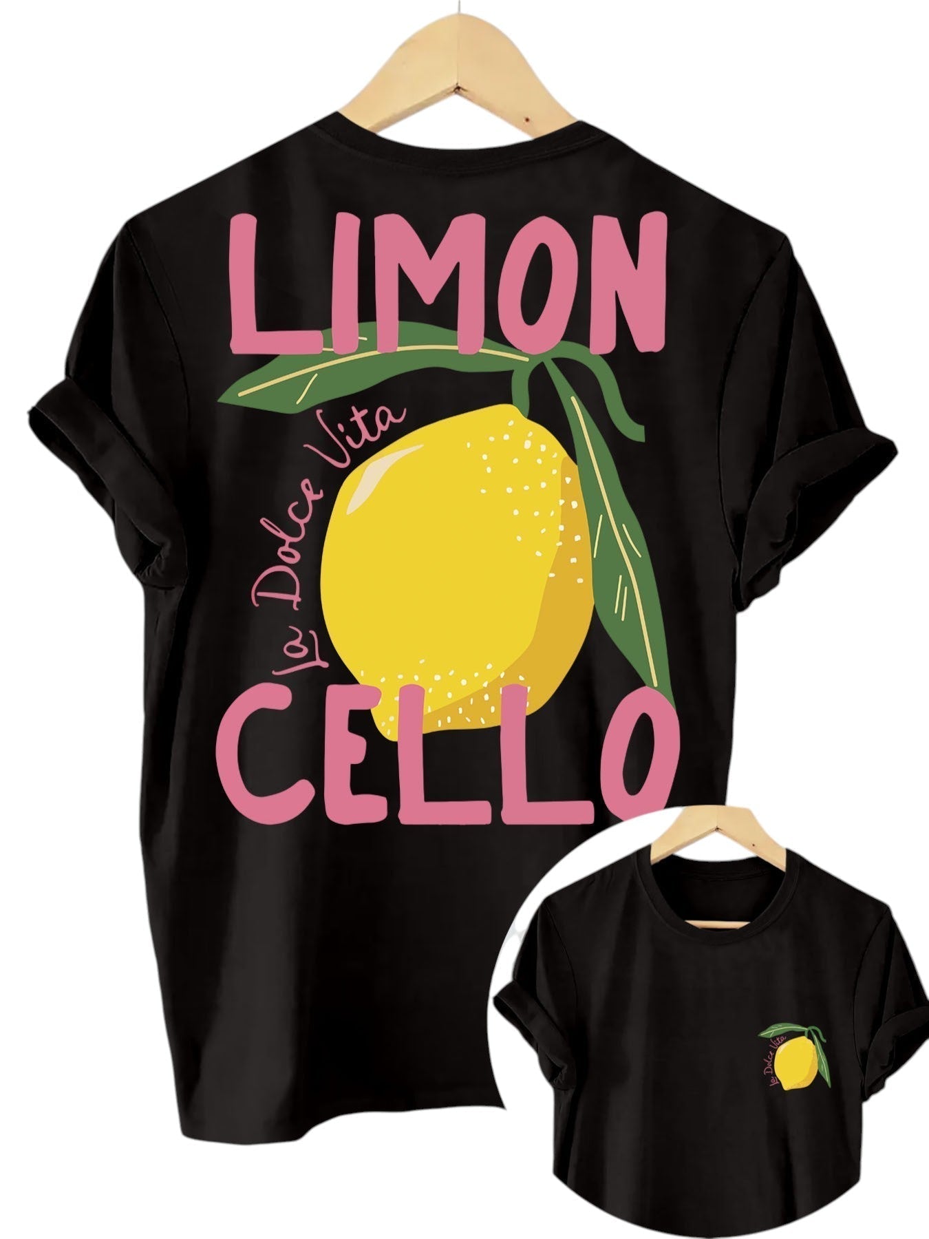 T-shirt zwart met citroenprint en roze tekst 'LIMONCELLO' achterzijde