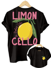 T-shirt zwart met citroenprint en roze tekst 'LIMONCELLO' achterzijde