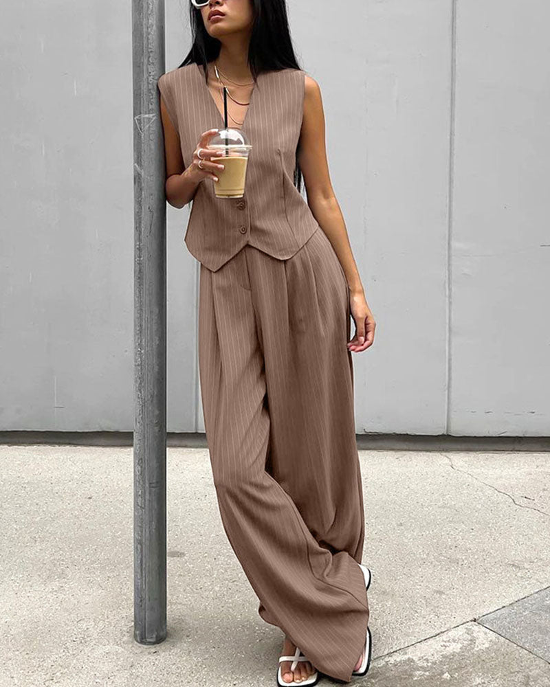 Brown pinstripe jumpsuit street style side profile