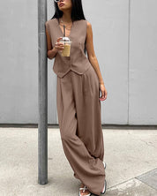 Brown pinstripe jumpsuit street style side profile