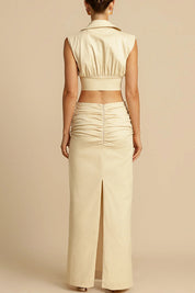 Beige ruched maxi skirt and crop top back view