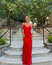 Rode jurk met ruches dames front view