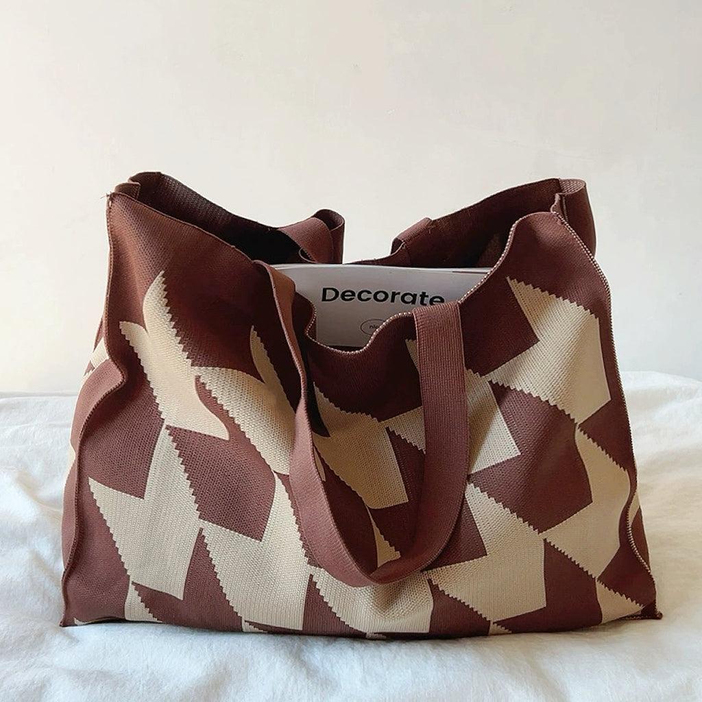 Shopper bag orange with beige geometric pattern front view