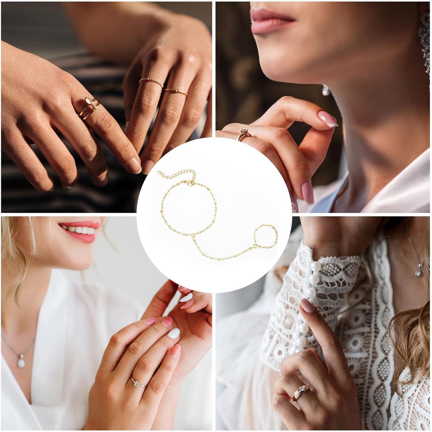 Gold chain bracelet with adjustable design collage with various hand and ring styles