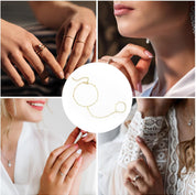 Gold chain bracelet with adjustable design collage with various hand and ring styles