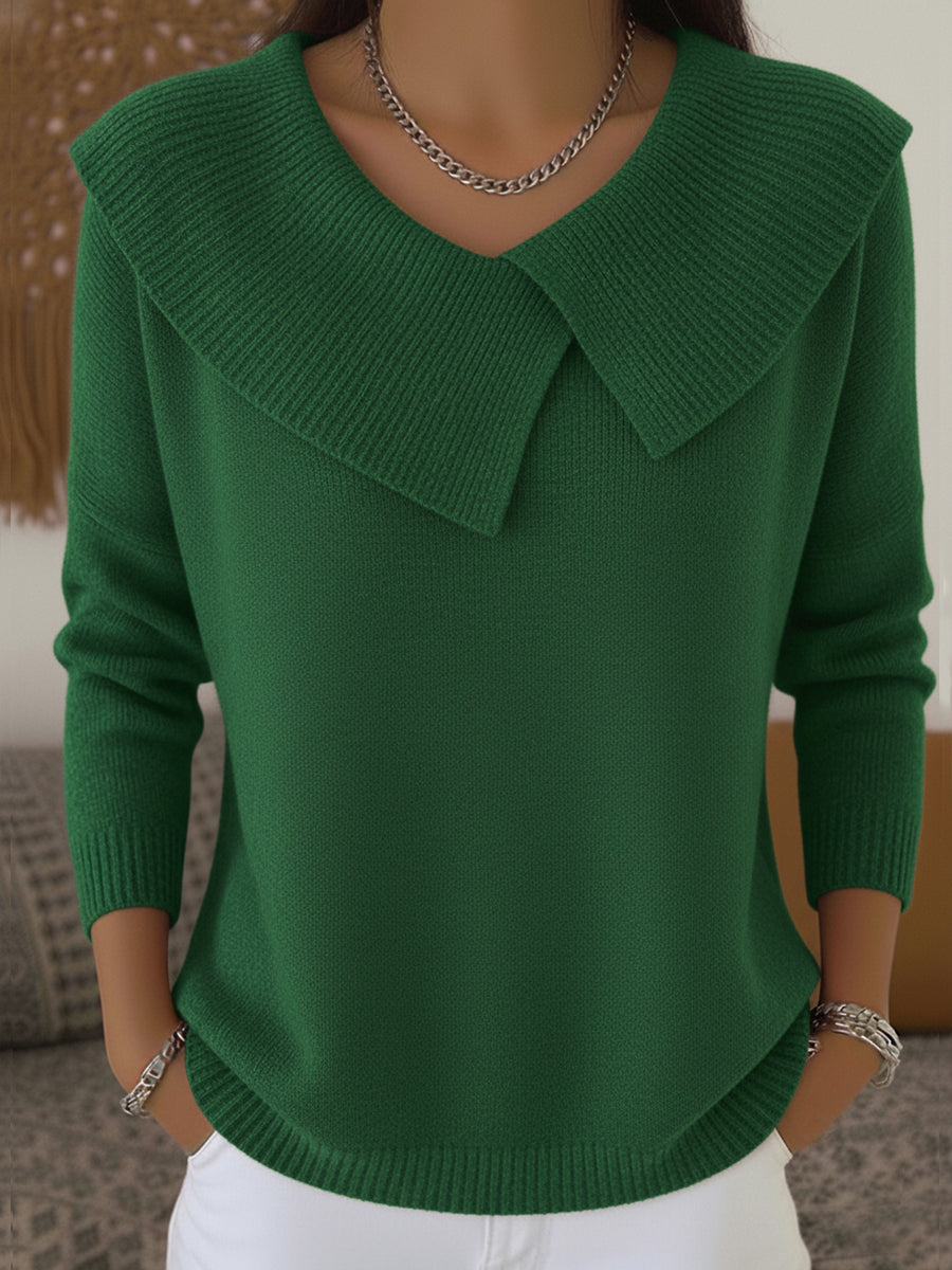Green sweater with oversized collar front view