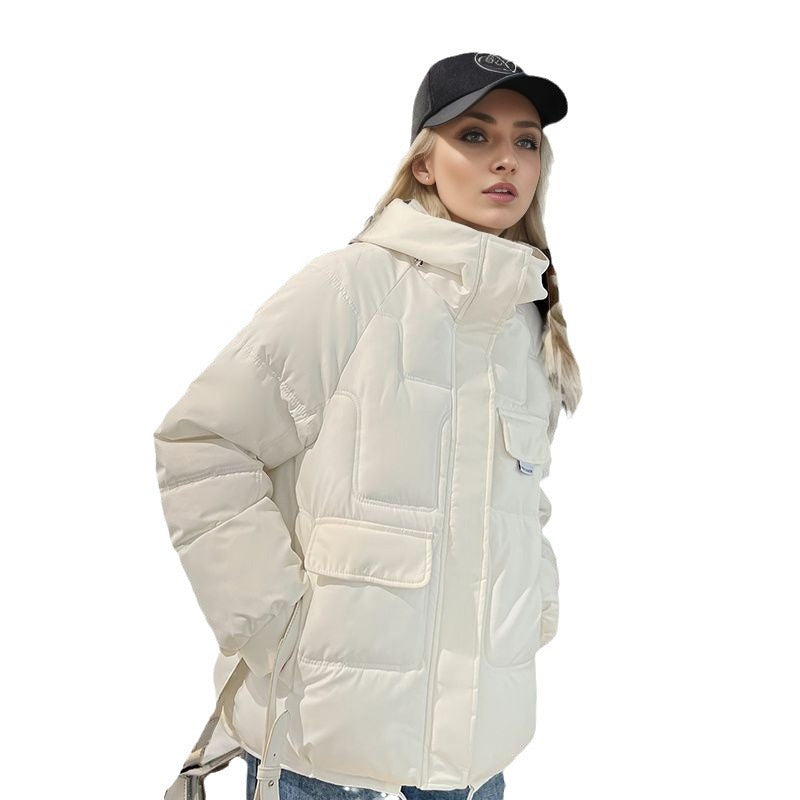 Puffer jacket white with hood studio shot
