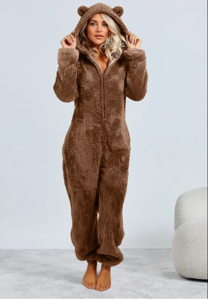 Brown fuzzy onesie with bear ears front view