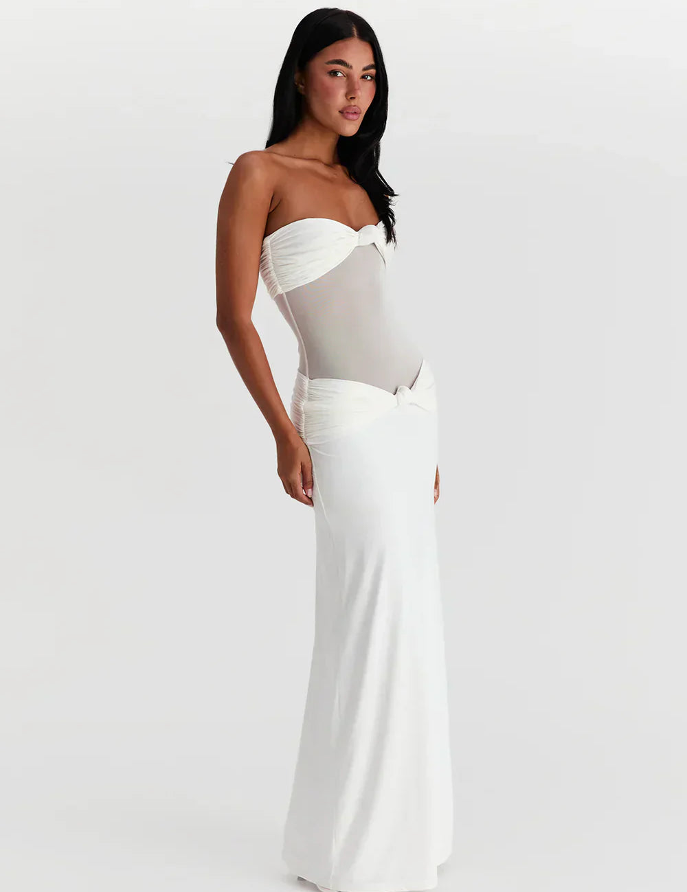White strapless dress with mesh detail side view
