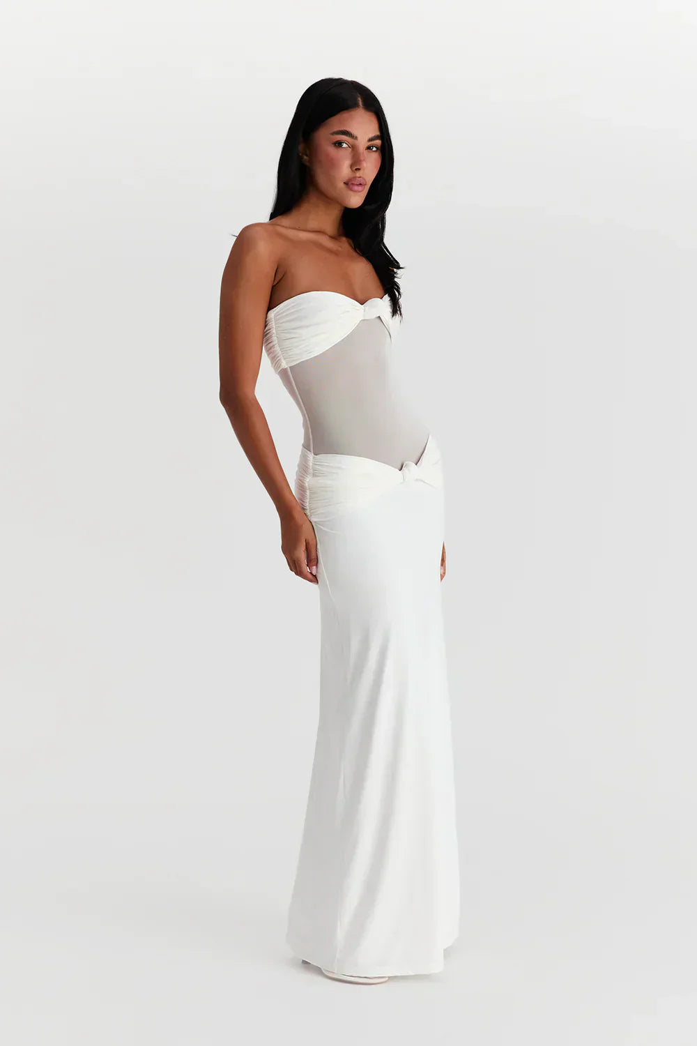 White strapless dress with mesh detail side view