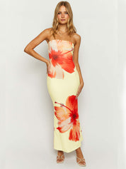 Yara | Strapless Midi-jurk met Tropische Hibiscusprint