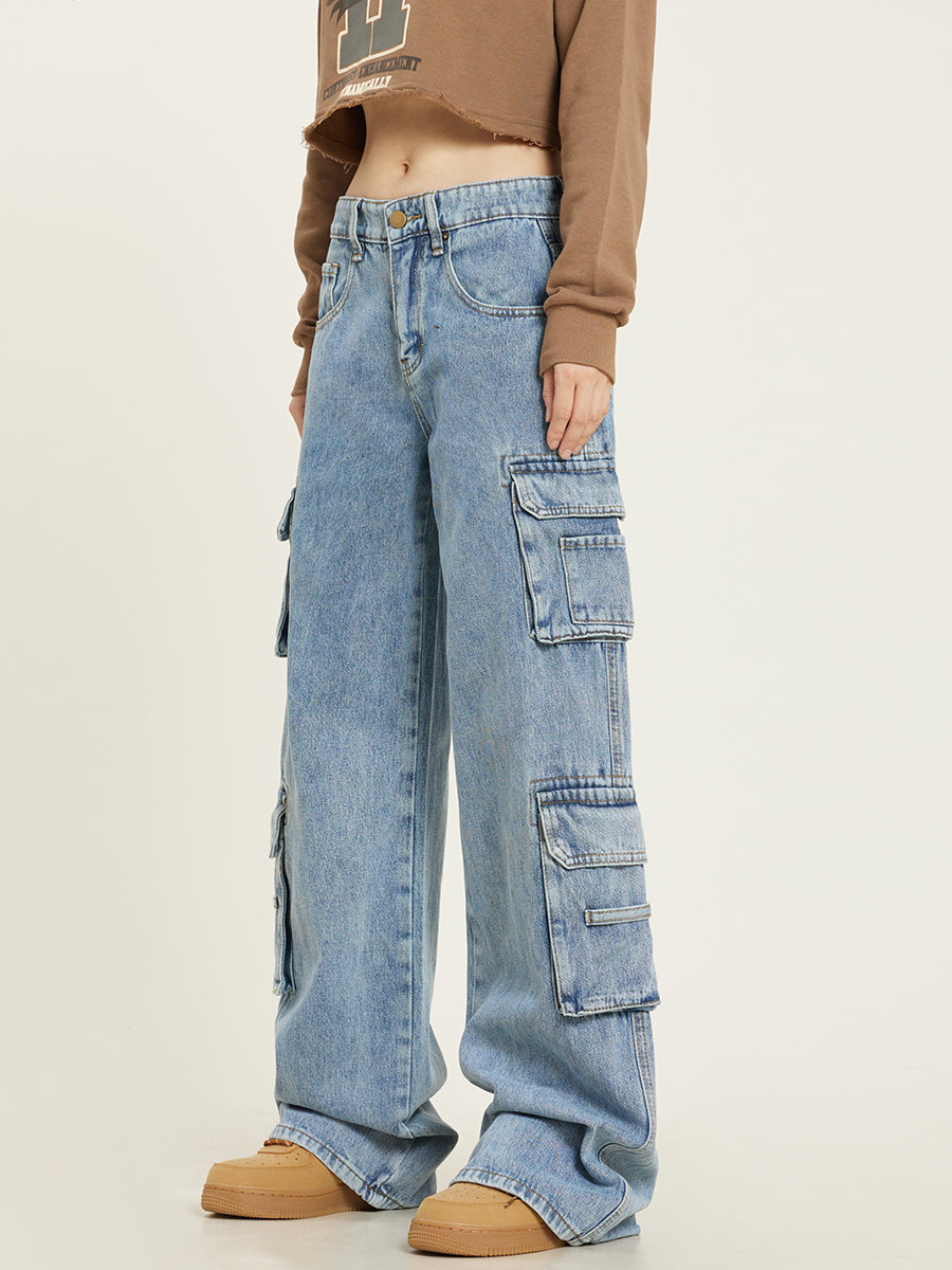 Lena Cargo jeans met wijde pijpen en praktische cargozakken van denim voor dames