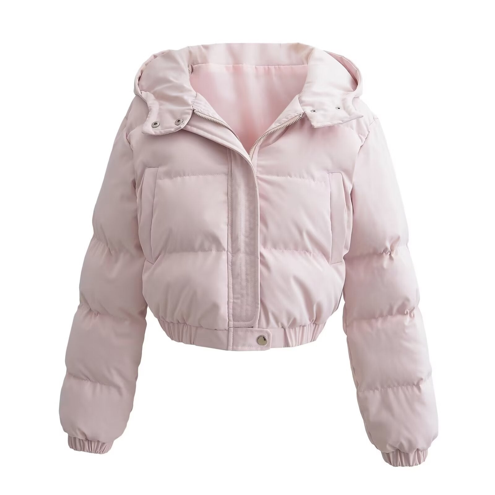 Pink puffer jacket with hood, front view