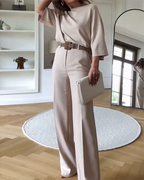 Dames set beige met riem en tas front view