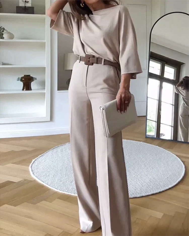 Dames set beige met riem en tas front view