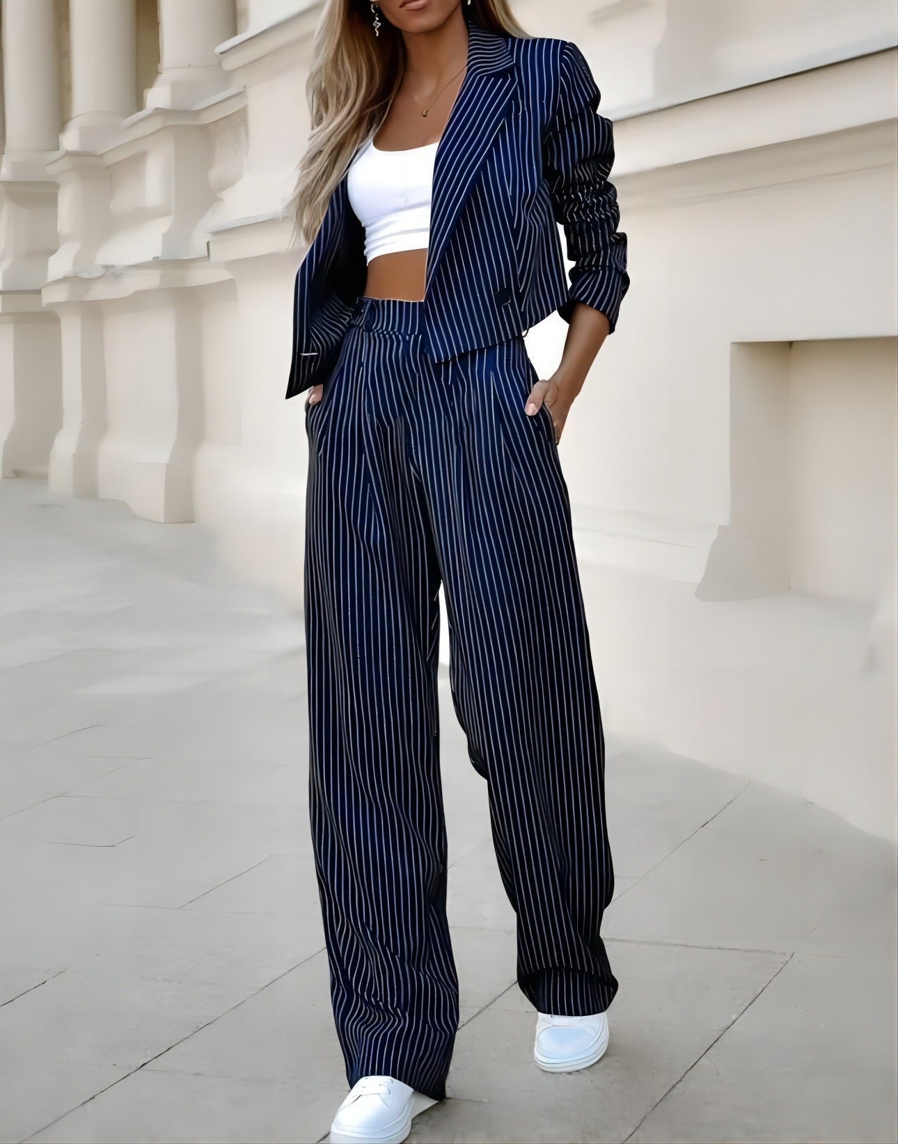 Blue striped blazer and pants set full body view