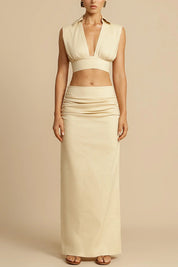 Beige ruched maxi skirt and crop top studio front view