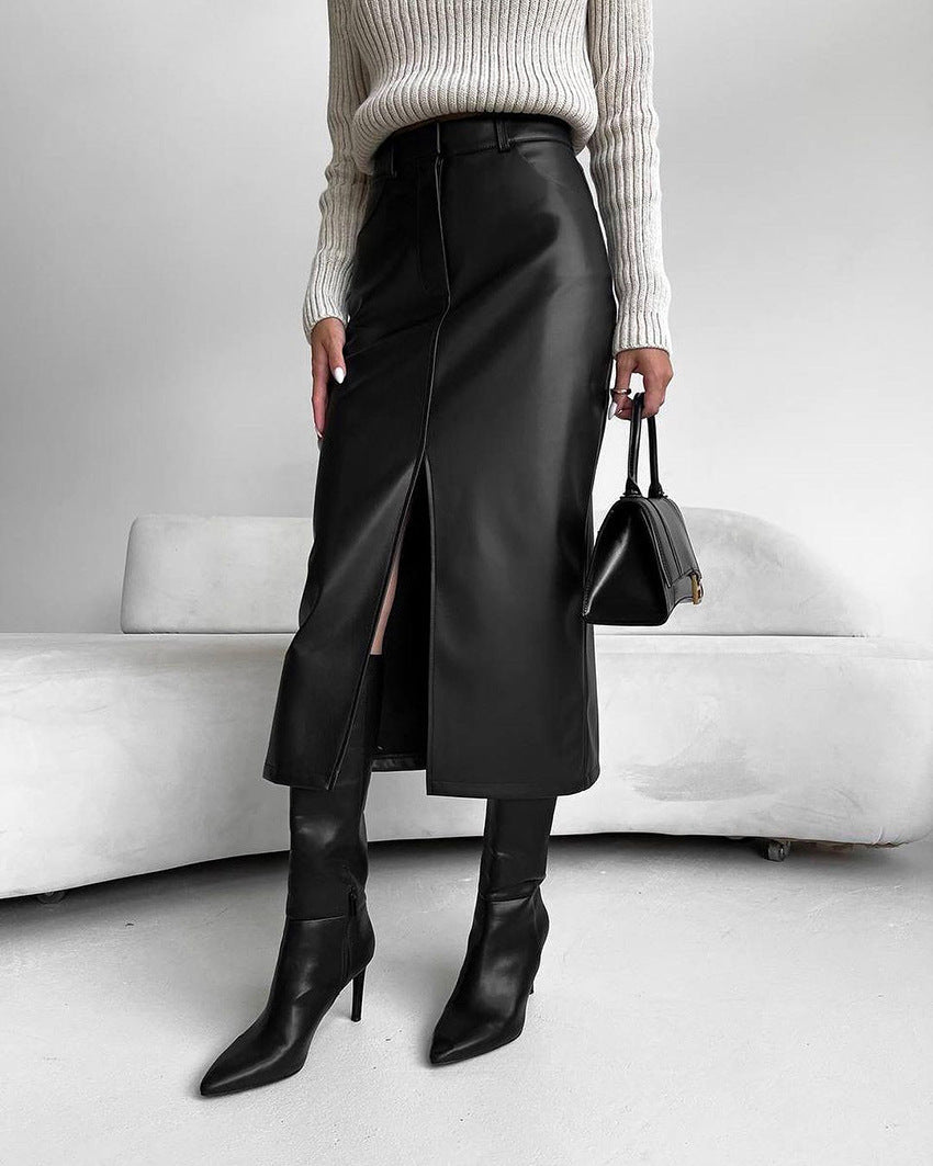 Midi skirt black with high split front view