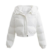 White puffer jacket with hood, front view