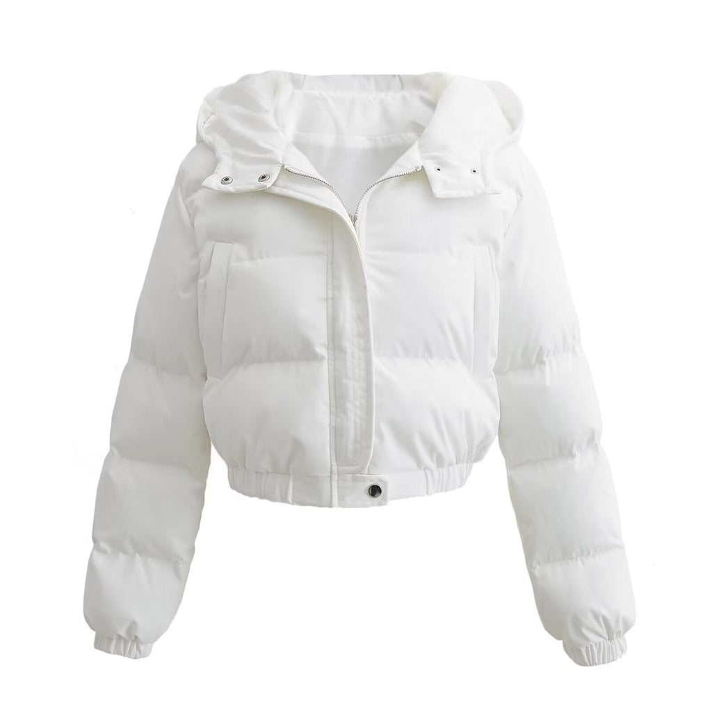 White puffer jacket with hood, front view