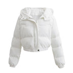 White puffer jacket with hood, front view