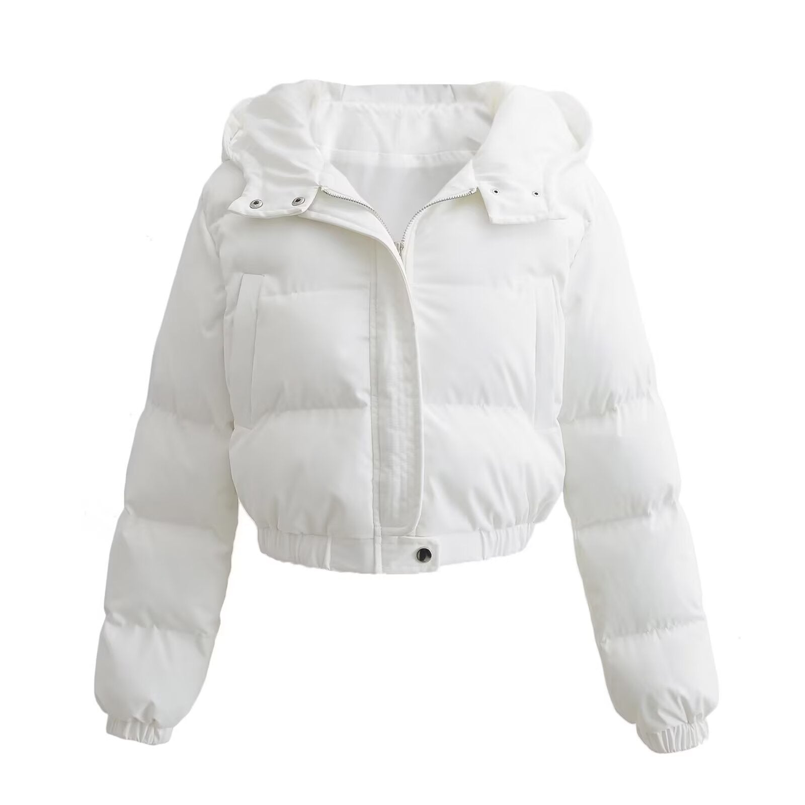 White puffer jacket with hood, front view