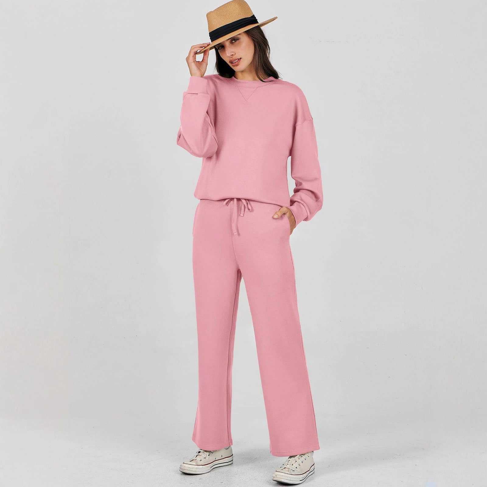 Pink loungewear set with wide pants front view