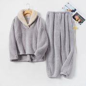 Gray fleece pajama set with cream lining, flat lay