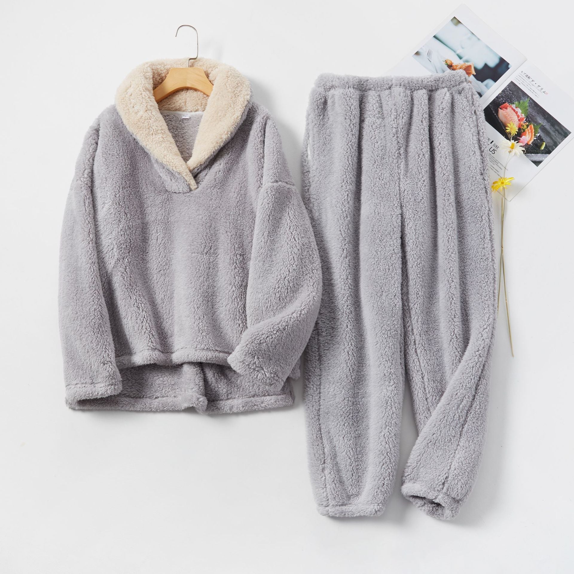 Gray fleece pajama set with cream lining, flat lay