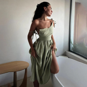 Midi dress light green side view with tie straps