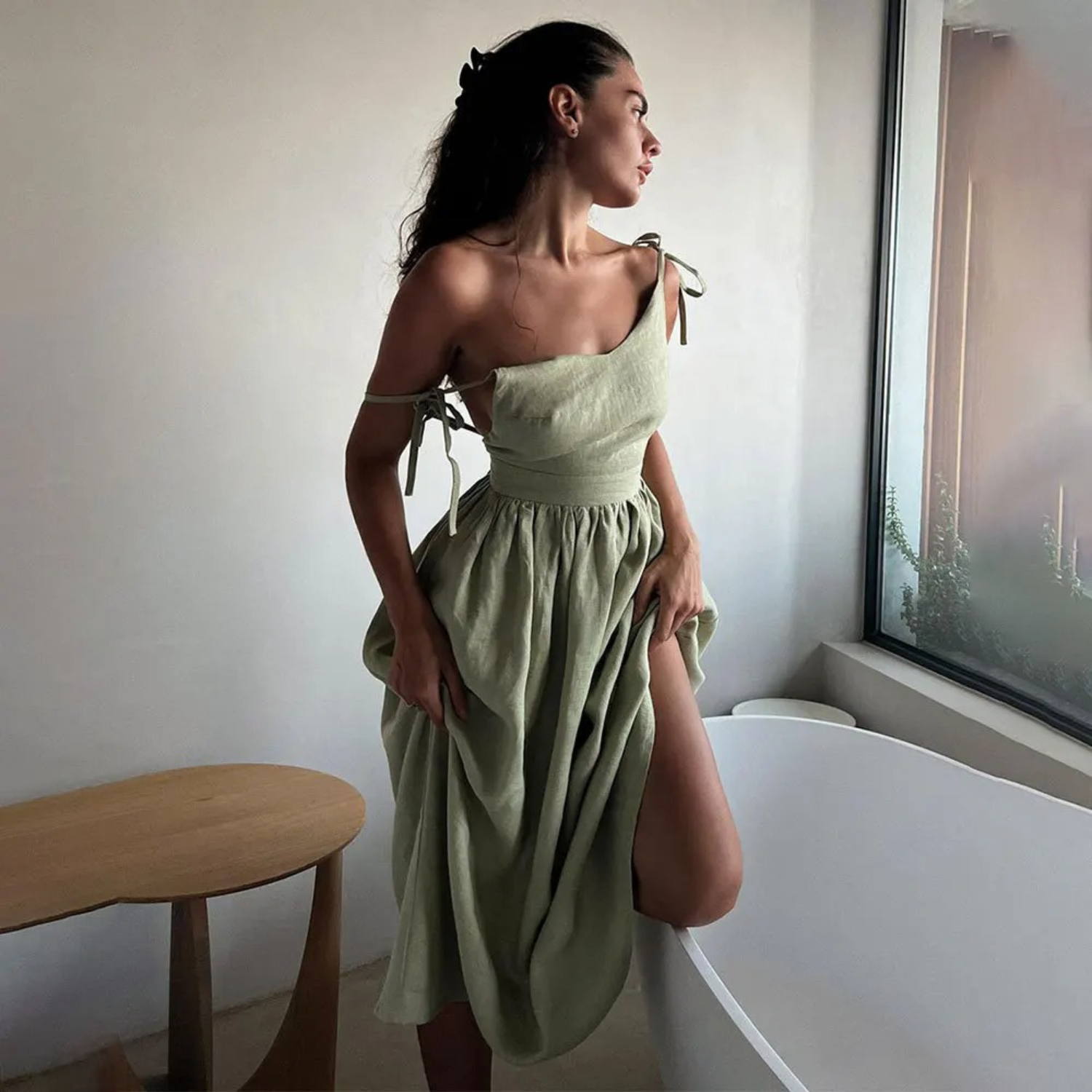 Midi dress light green side view with tie straps