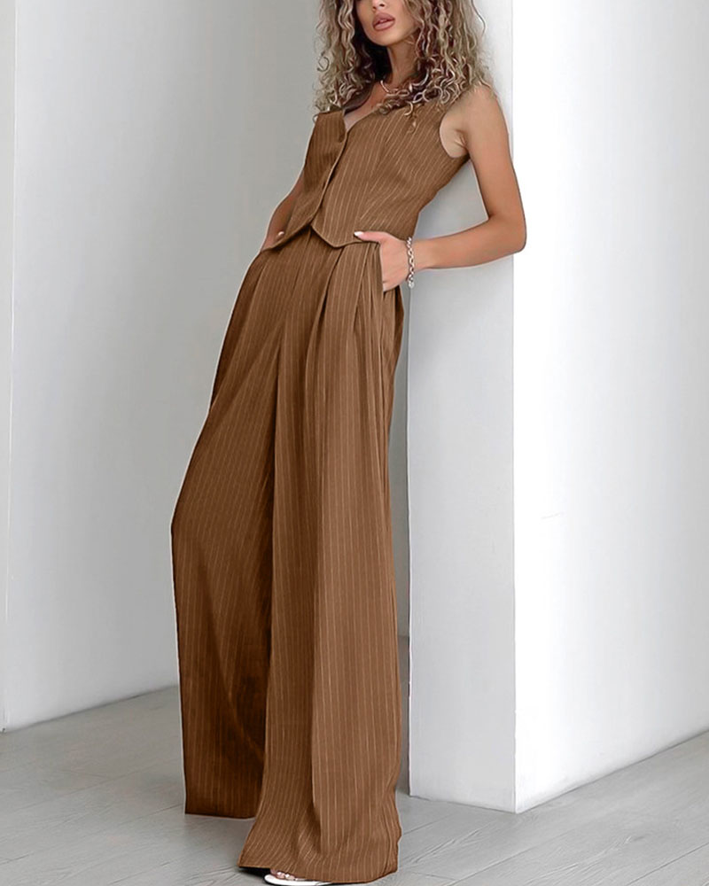 Brown pinstripe jumpsuit close-up detail