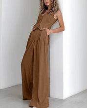 Brown pinstripe jumpsuit close-up detail