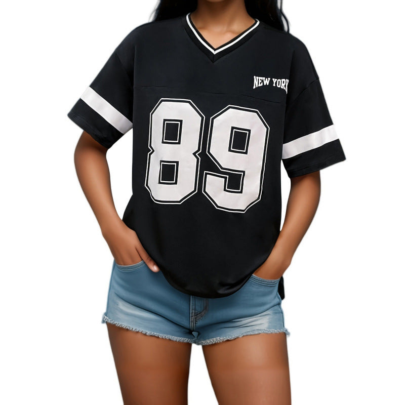 Black v-neck t-shirt with '89' and 'New York' graphic, front view