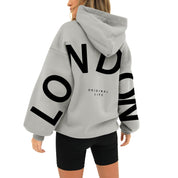 Gray hoodie with 'LONDON' print back view