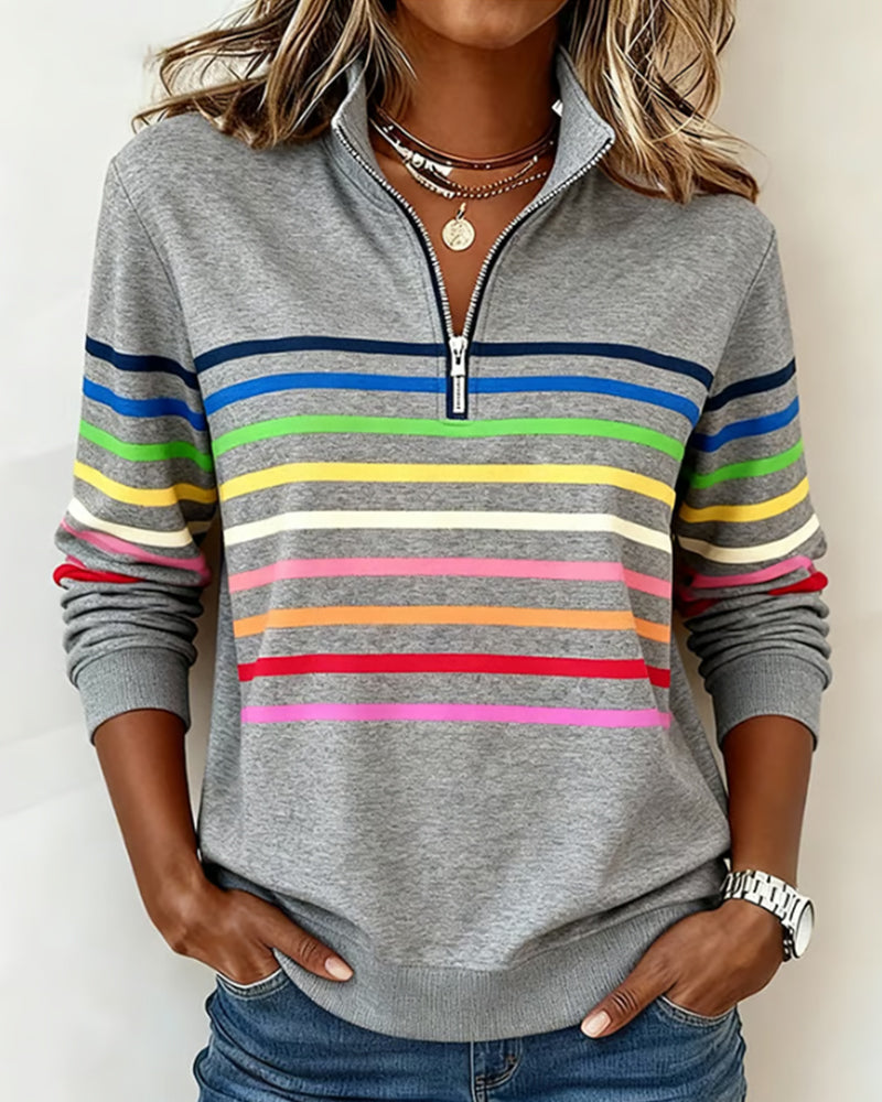 Gray sweatshirt with colorful stripes front view