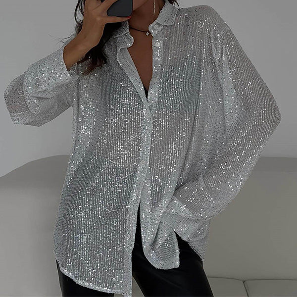 Blouse met pailetten zilver glanzend front view