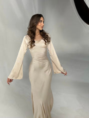 Maxi-jurk beige met lange mouwen front view