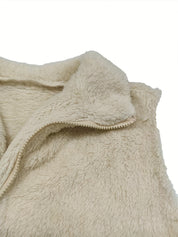 Trui met zachte teddy materiaal, beige, detail van rits en kraag