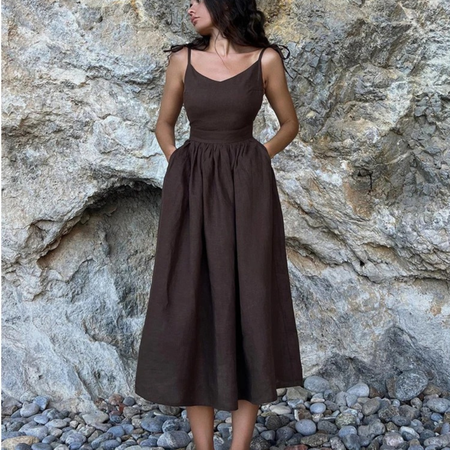 Midi dress dark brown front view with thin straps