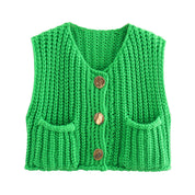 Green chunky knit vest with gold buttons front view