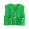 Green chunky knit vest with gold buttons front view