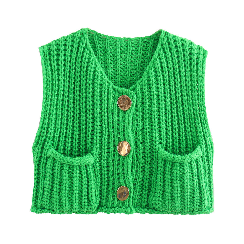 Green chunky knit vest with gold buttons front view