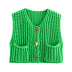 Green chunky knit vest with gold buttons front view