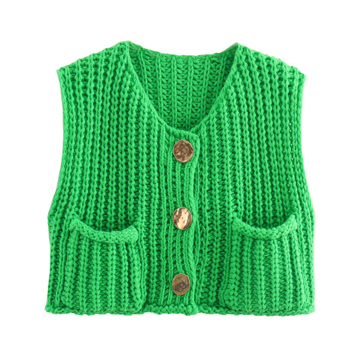 Green chunky knit vest with gold buttons front view