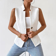 White structured gilet front view with hands adjusting buttons