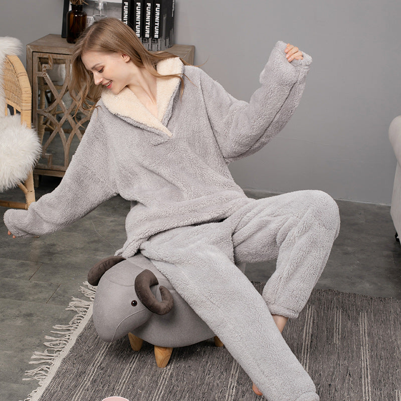Gray fleece pajama set with cream lining, side view